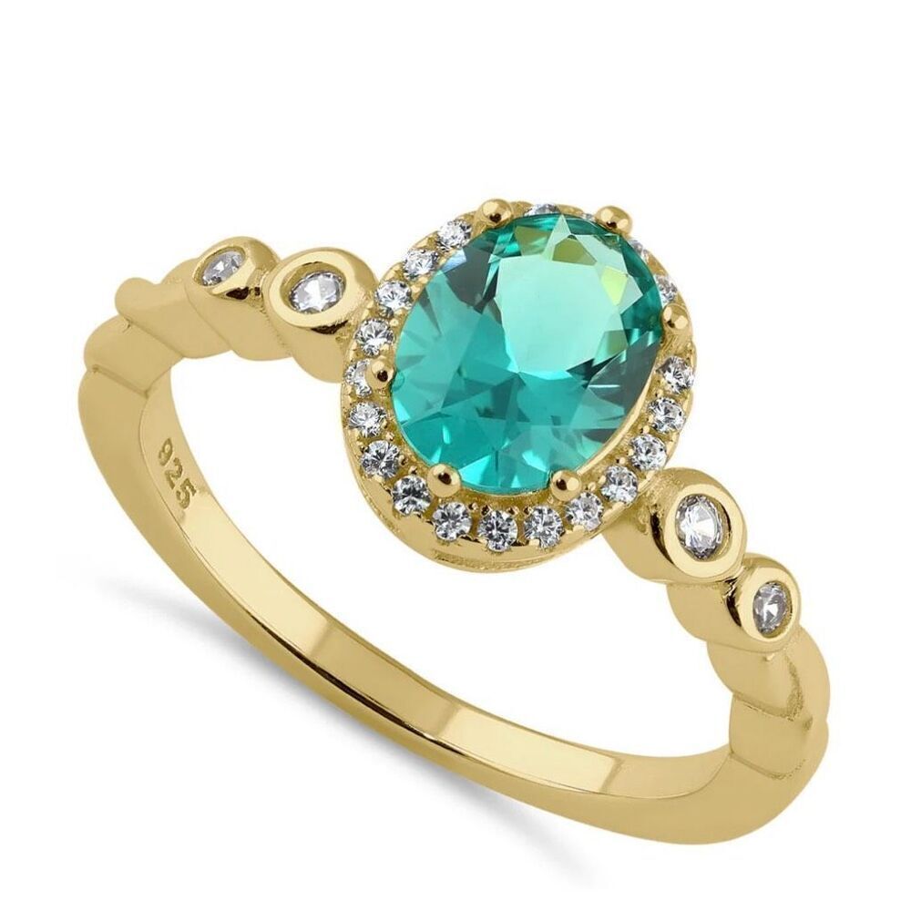 Sterling Silver Yellow Gold Oval Cut Apatite CZ Halo Ring New